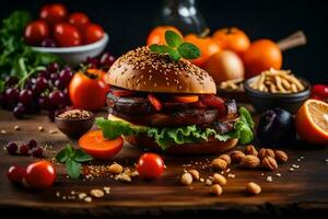 en hamburgare med grönsaker och nötter på en tabell. ai-genererad foto