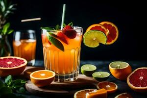 orange juice cocktail med färsk frukt och mynta. ai-genererad foto