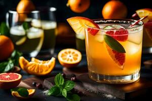 orange juice cocktail med färsk frukt och mynta löv. ai-genererad foto