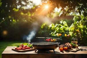 grill på en trä- tabell i de trädgård. ai-genererad foto