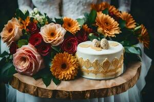 en bröllop kaka med blommor på en trä- bricka. ai-genererad foto