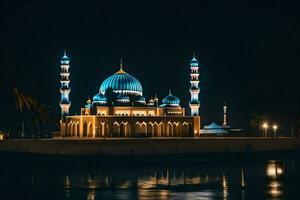 de blå moské på natt med lampor på. ai-genererad foto
