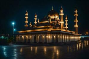 de moské på natt med lampor på. ai-genererad foto