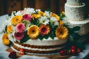 en bröllop kaka med blommor på topp. ai-genererad foto