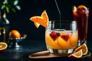 en cocktail med orange skivor och bär. ai-genererad foto