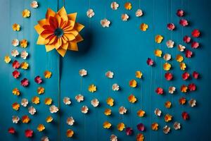 en blomma tillverkad av papper är hängande från en blå vägg. ai-genererad foto