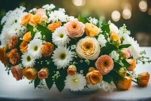 en bukett av blommor på en tabell. ai-genererad foto