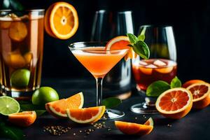 olika cocktails med apelsiner och mynta. ai-genererad foto