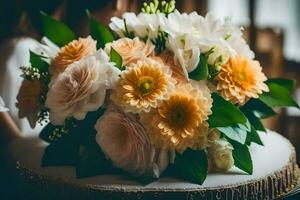 en bröllop kaka med vit och orange blommor. ai-genererad foto