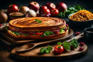 en smörgås med grönsaker och Övrig Ingredienser på en skärande styrelse. ai-genererad foto