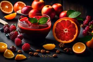 färsk frukt juice med bär och apelsiner. ai-genererad foto