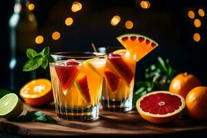 två glasögon av orange juice med skivor av citrus. ai-genererad foto