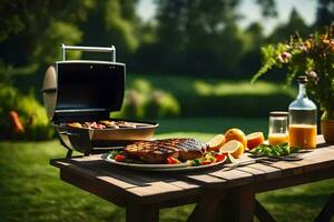 en grill med kött och grönsaker på en tabell. ai-genererad foto