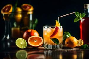 ett orange cocktail med kalk och mynta på en mörk bakgrund. ai-genererad foto