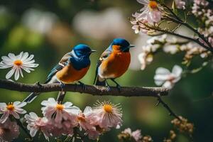 två fåglar Sammanträde på en gren med blommor. ai-genererad foto