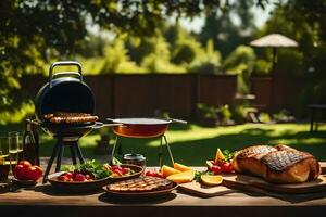 en utegrill med mat och drycker på en tabell. ai-genererad foto