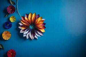 färgrik papper blommor på en blå bakgrund. ai-genererad foto