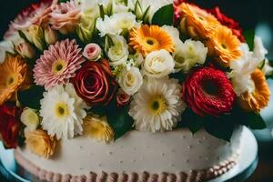 en bröllop kaka med färgrik blommor på topp. ai-genererad foto