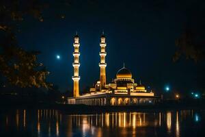 de moské är belyst upp på natt med de måne i de bakgrund. ai-genererad foto
