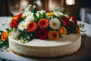 en vit kaka med orange och gul blommor på topp. ai-genererad foto