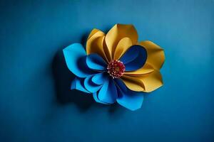 blå och gul papper blomma på en blå vägg. ai-genererad foto