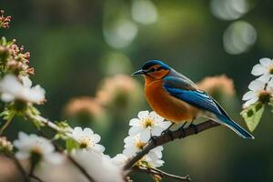 en blå och orange fågel sitter på en gren med vit blommor. ai-genererad foto