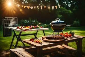 en utegrill grill och tabell med grönsaker och frukt. ai-genererad foto