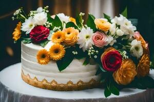 en vit kaka med färgrik blommor på topp. ai-genererad foto