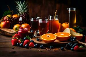 frukt juice och frukt på en trä- tabell. ai-genererad foto