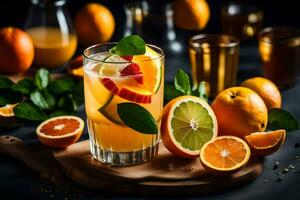 orange juice med skivor av apelsiner och mynta löv. ai-genererad foto