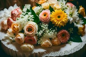 en bukett av blommor på en tabell. ai-genererad foto