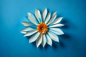 en vit papper blomma på en blå bakgrund. ai-genererad foto