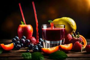 juice med frukt och bär på en trä- tabell. ai-genererad foto