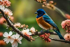 en blå och orange fågel är uppflugen på en gren av en blommande träd. ai-genererad foto