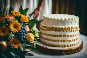 en bröllop kaka med blommor och en bukett. ai-genererad foto