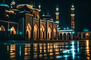 en moské på natt med dess lampor på. ai-genererad foto