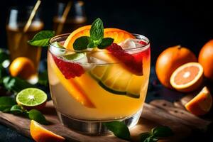 en glas av orange juice med färsk frukt. ai-genererad foto