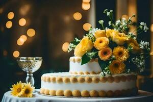 en bröllop kaka med gul blommor och en glas av vin. ai-genererad foto
