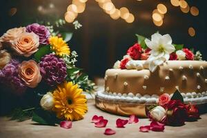 en bröllop kaka med blommor och en bukett. ai-genererad foto