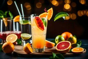 orange juice cocktail med kalk skivor och skivor av orange. ai-genererad foto
