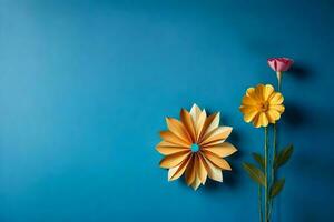 två blommor på en blå vägg. ai-genererad foto