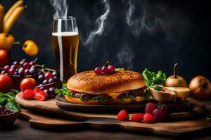 en hamburgare med ost, frukt och öl på en trä- styrelse. ai-genererad foto