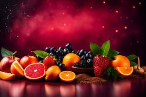 frukt och bär på en röd bakgrund. ai-genererad foto