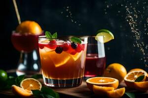 en glas av orange juice med en skiva av orange och en kalk. ai-genererad foto