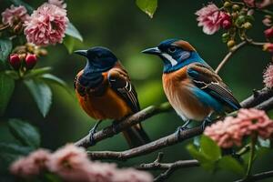 två färgrik fåglar Sammanträde på en gren med blommor. ai-genererad foto