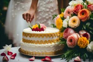 en brud och brudgum skärande in i en bröllop kaka. ai-genererad foto