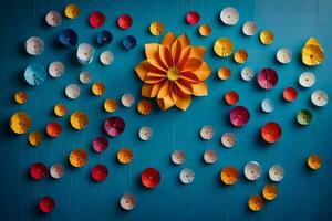 färgrik papper blommor hängande från strängar på en blå vägg. ai-genererad foto
