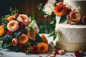 en bröllop kaka med blommor och en bukett. ai-genererad foto