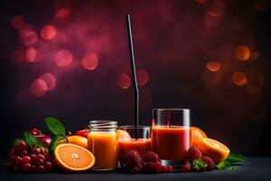 färsk frukt juice i glasögon och en flaska på en mörk bakgrund. ai-genererad foto