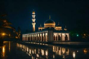 de moské på natt med dess lampor på. ai-genererad foto